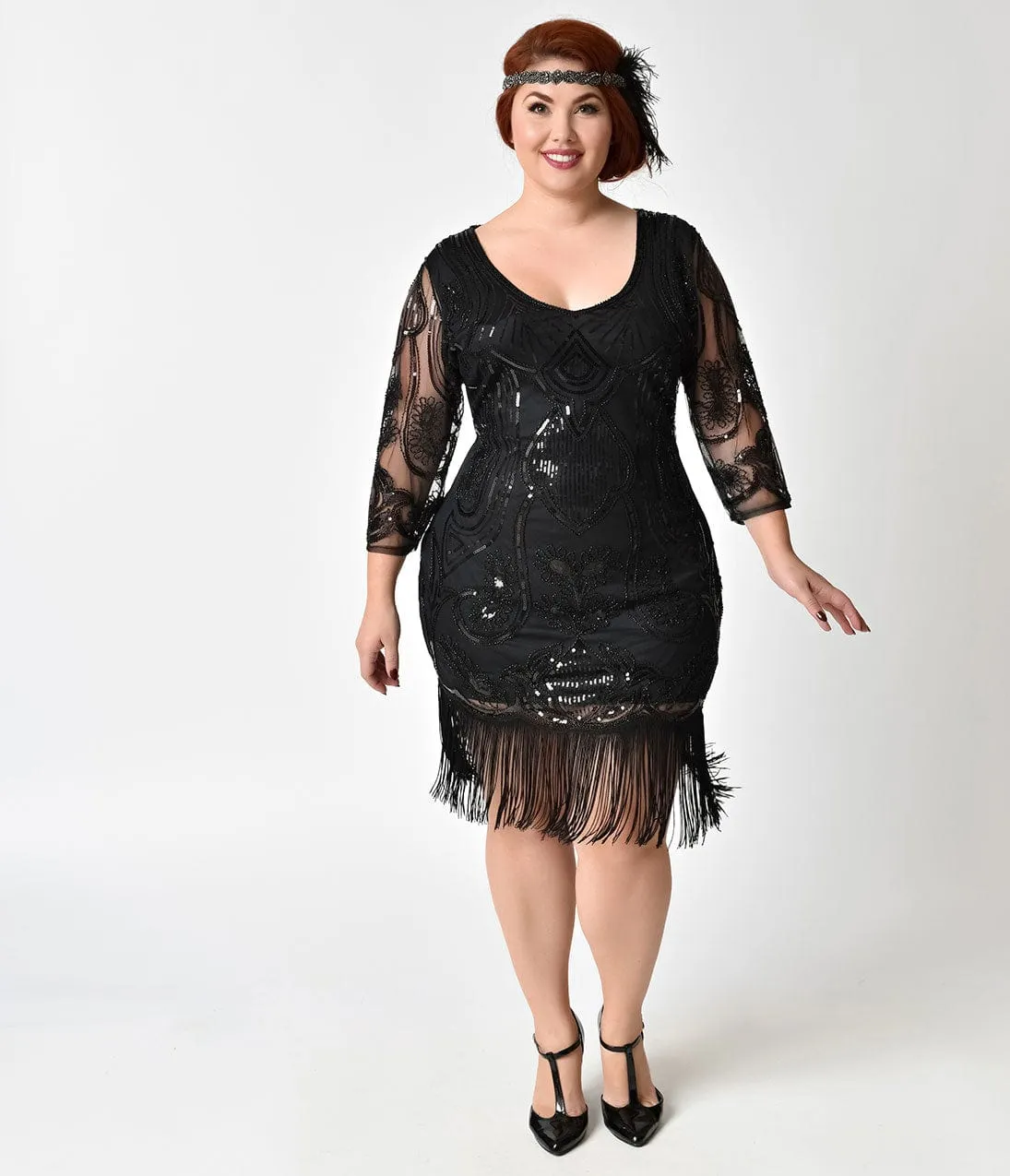 Unique Vintage Plus Size 1920s Black Beaded & Sequin Margaux Sleeved Fringe Flapper Dress