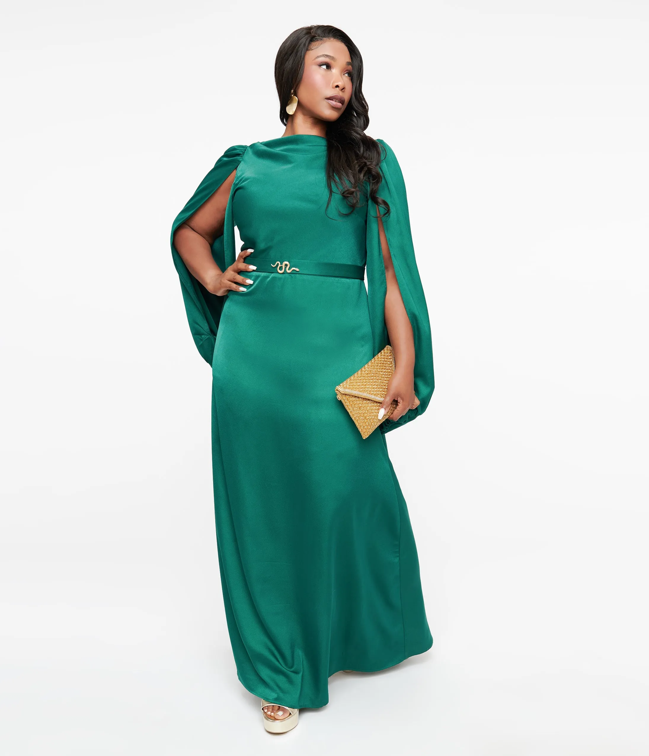 Unique Vintage Plus Size 1920s Emerald Satin & Snake Pin Evening Gown