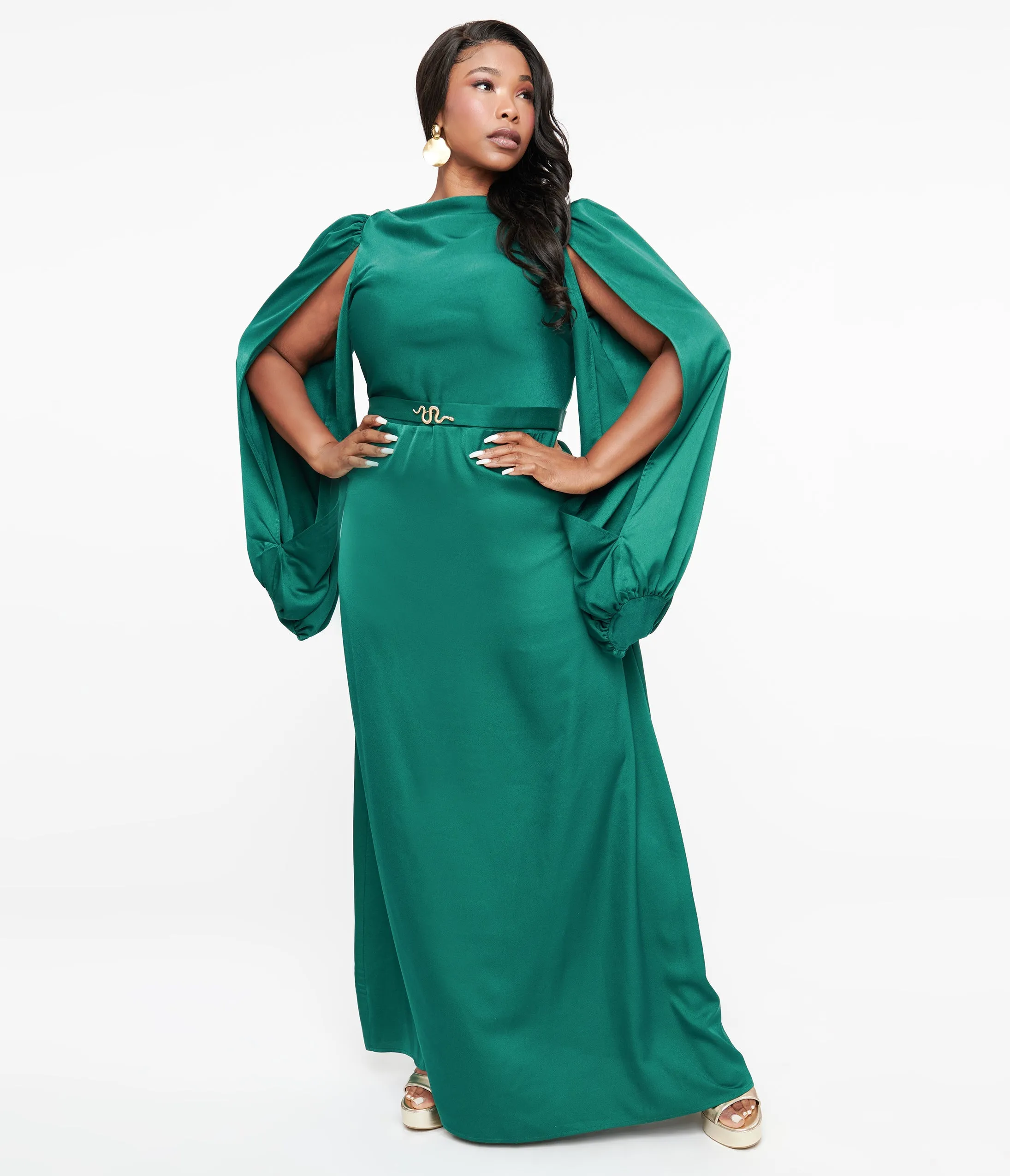 Unique Vintage Plus Size 1920s Emerald Satin & Snake Pin Evening Gown