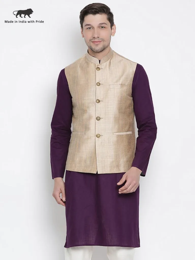 VASTRAMAY Men's Beige Cotton Blend Ethnic Jacket