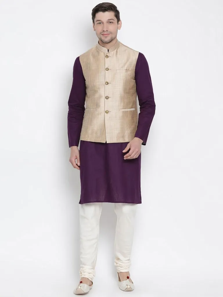 VASTRAMAY Men's Beige Cotton Blend Ethnic Jacket