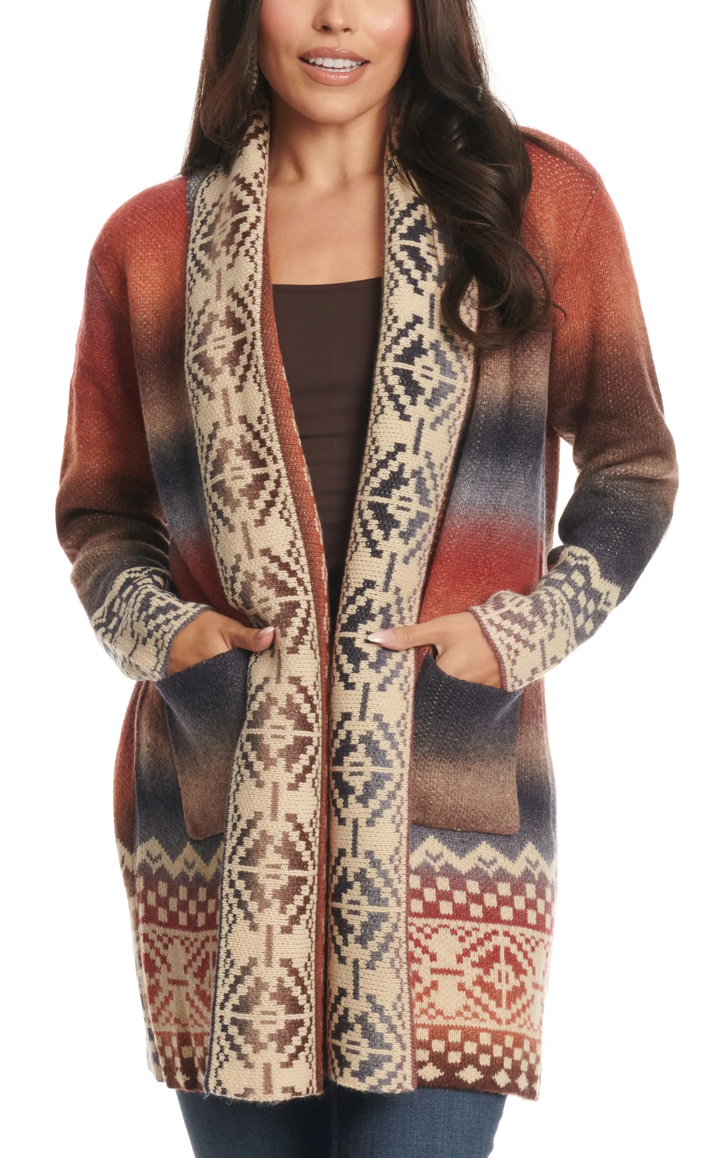 Venario Women's Cinnamon & Coffee Aztec Ombre Print Soft Cardigan