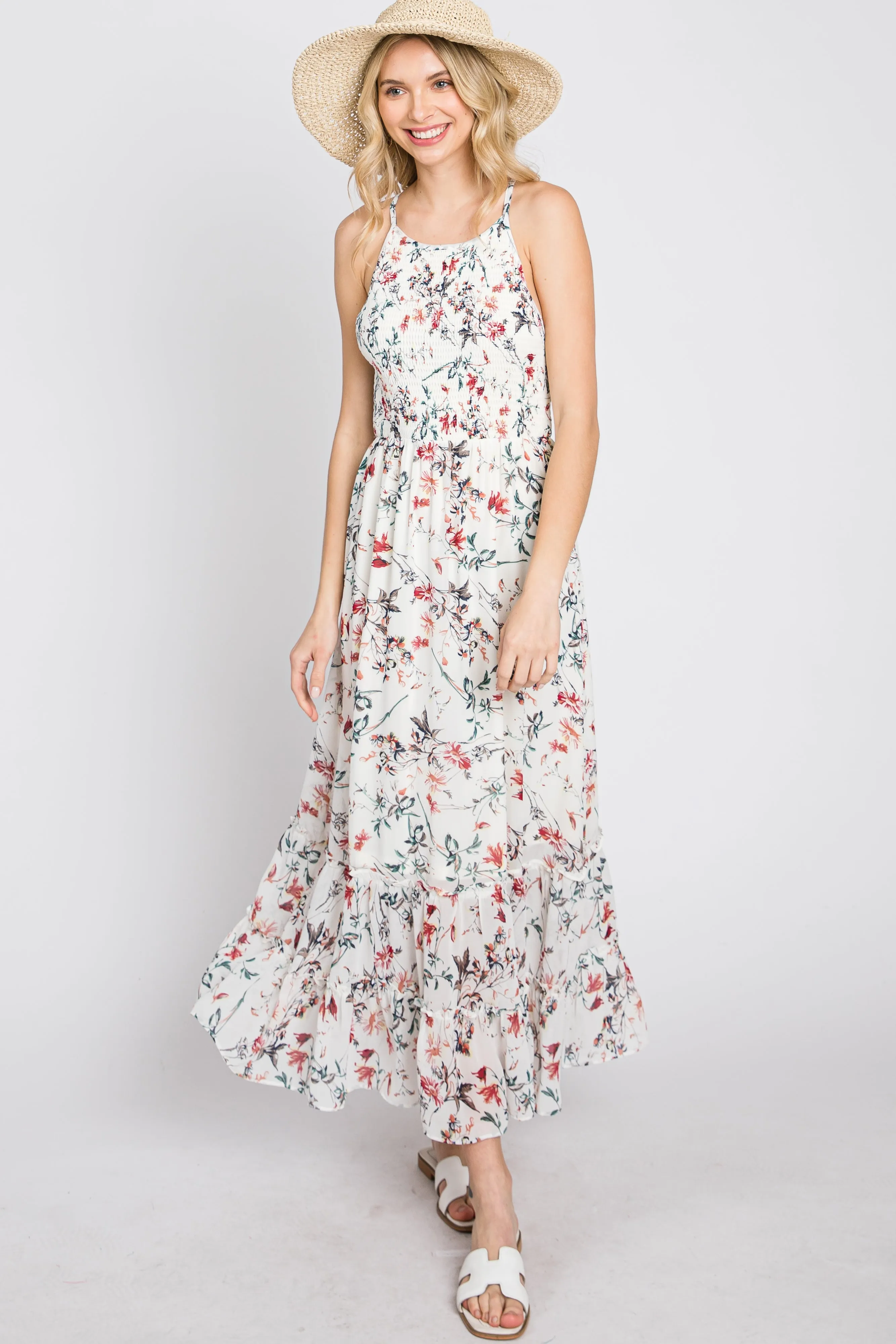 White Floral Chiffon Smocked Midi Dress