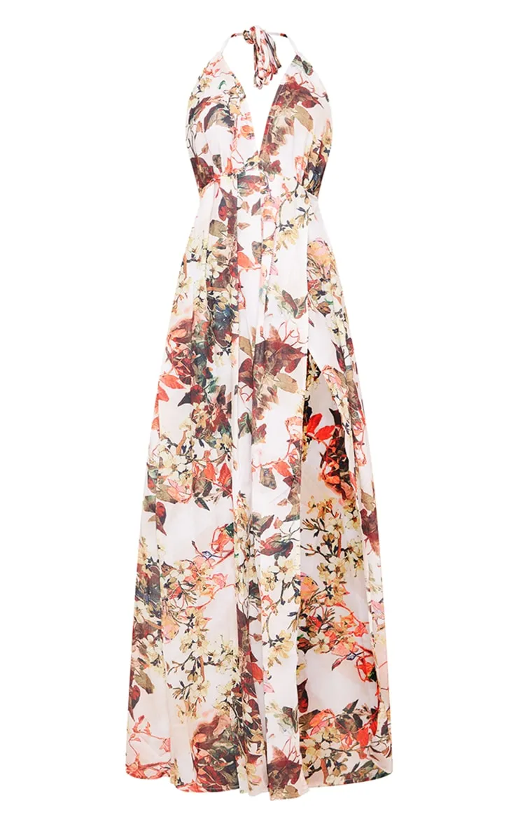 White Floral Print Chiffon Halterneck Maxi Dress