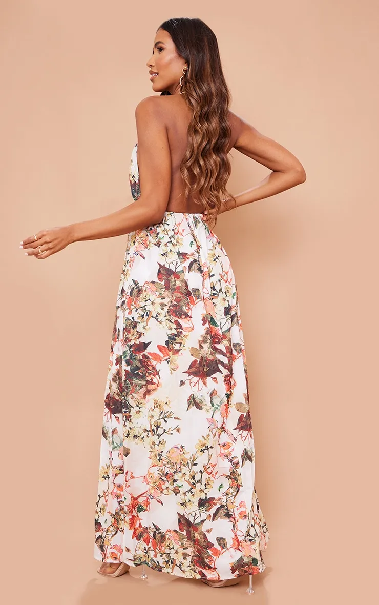 White Floral Print Chiffon Halterneck Maxi Dress