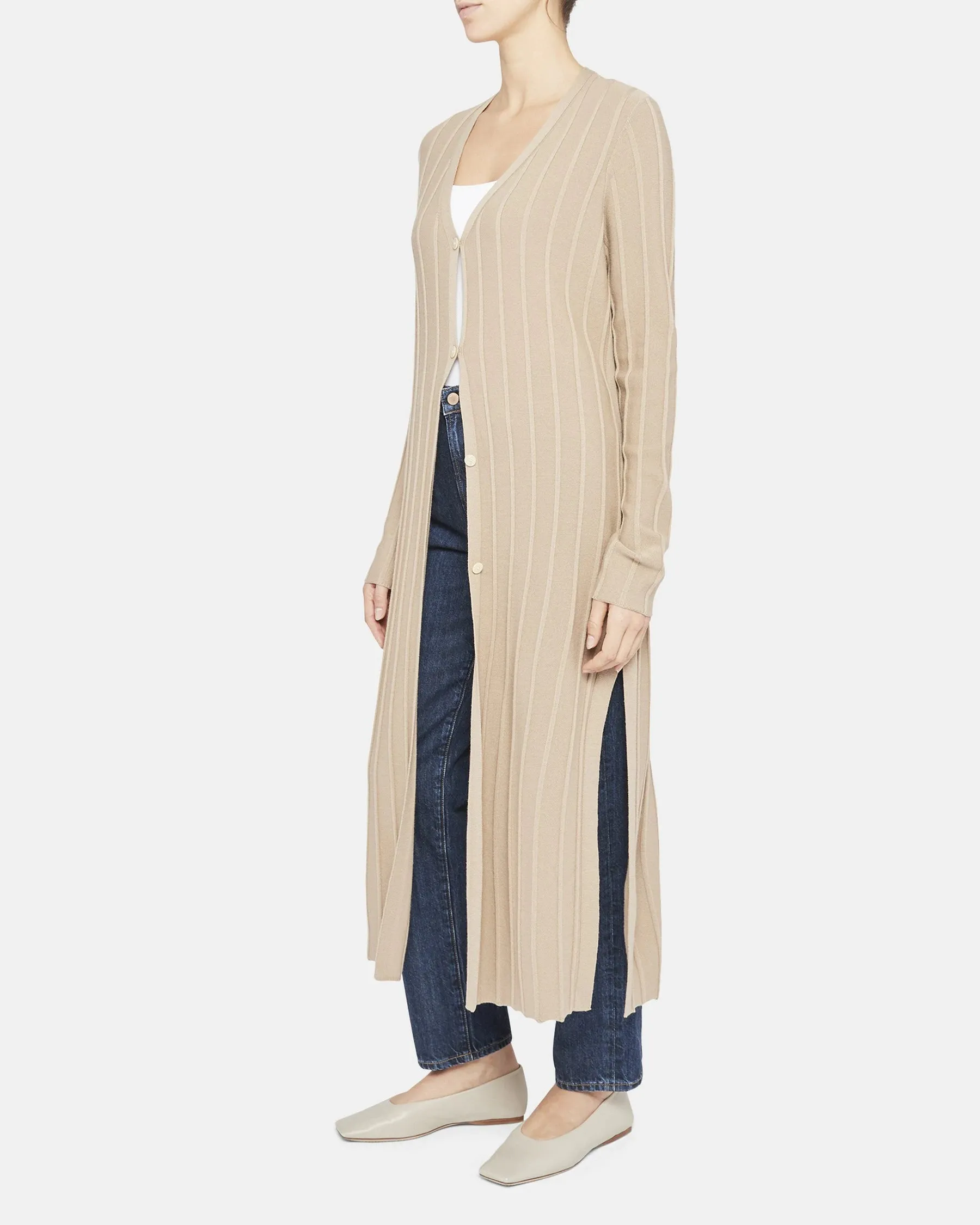 Wide Ribbed Long Cardigan - Beige