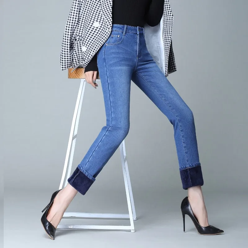 Winter Warm High Waist Slim Straight Leg Skinny Jeans for Women