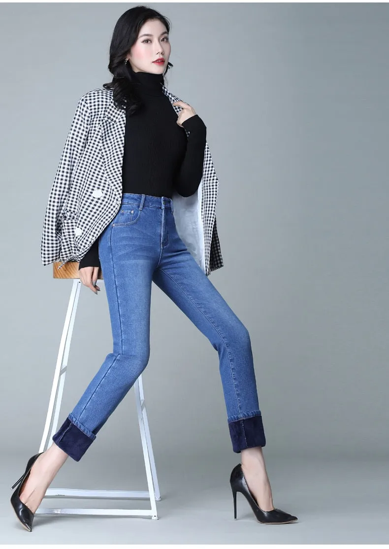 Winter Warm High Waist Slim Straight Leg Skinny Jeans for Women