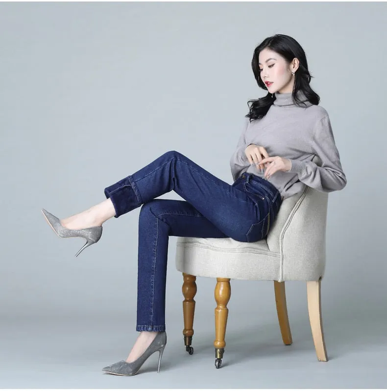 Winter Warm High Waist Slim Straight Leg Skinny Jeans for Women