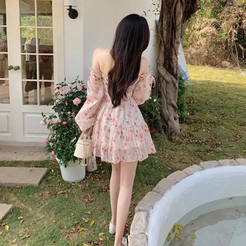 Women summer one-shoulder floral chiffon dress with waist LL-720