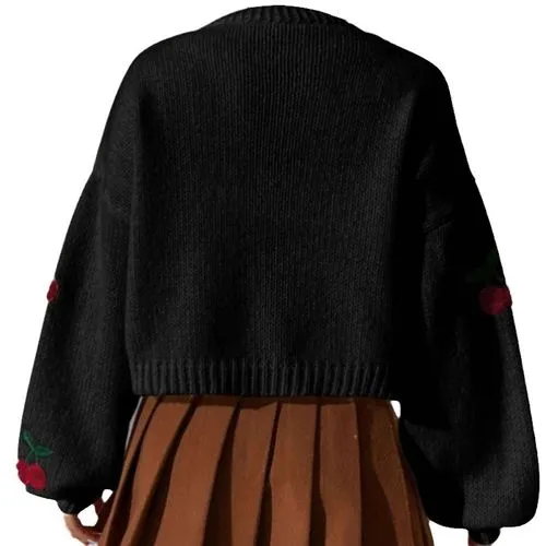 Women's Knitwear Long Sleeve Sweaters & Cardigans Jacquard Rib-knit Casual Cute Cherry