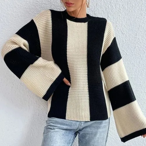 Women's Sweater Long Sleeve Sweaters & Cardigans Contrast Binding Rib-Knit Streetwear Stripe