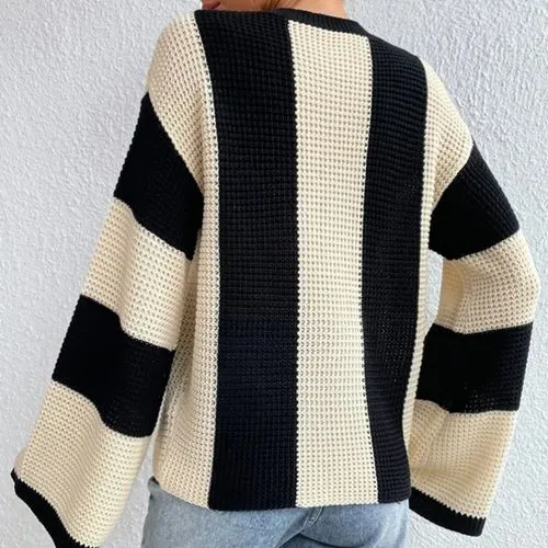 Women's Sweater Long Sleeve Sweaters & Cardigans Contrast Binding Rib-Knit Streetwear Stripe