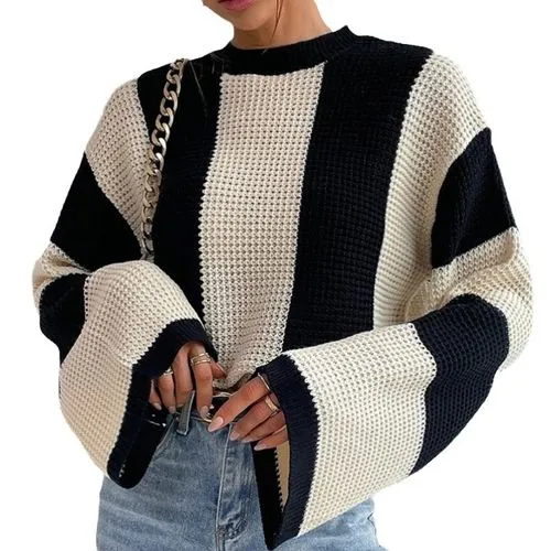 Women's Sweater Long Sleeve Sweaters & Cardigans Contrast Binding Rib-Knit Streetwear Stripe