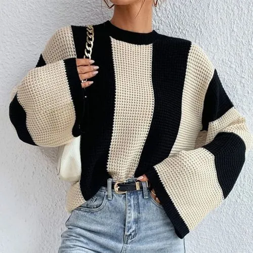 Women's Sweater Long Sleeve Sweaters & Cardigans Contrast Binding Rib-Knit Streetwear Stripe