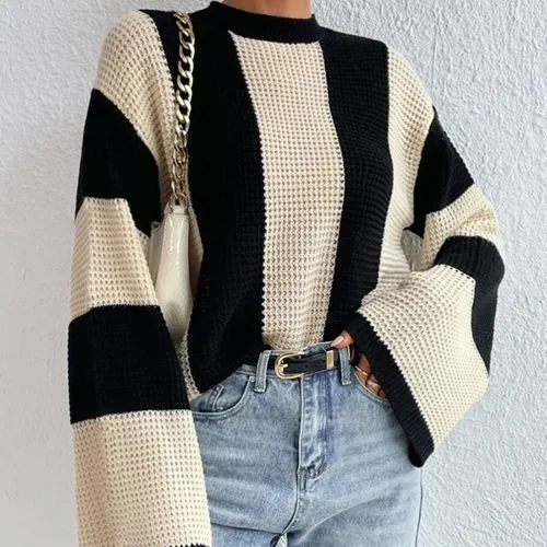 Women's Sweater Long Sleeve Sweaters & Cardigans Contrast Binding Rib-Knit Streetwear Stripe