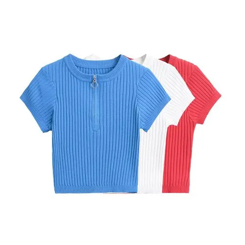 Women's T-shirt Short Sleeve Sweaters & Cardigans Zipper Casual Stripe