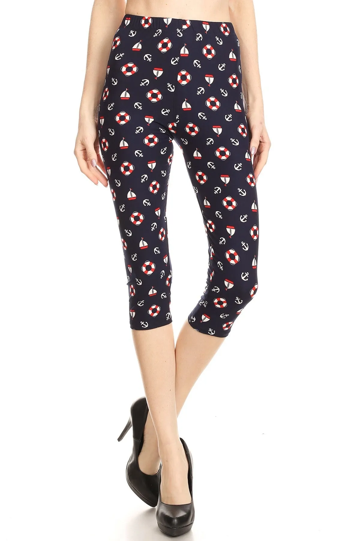 Women's Plus Life Ring Anchor Yacht Printed Cropped Capri Leggings