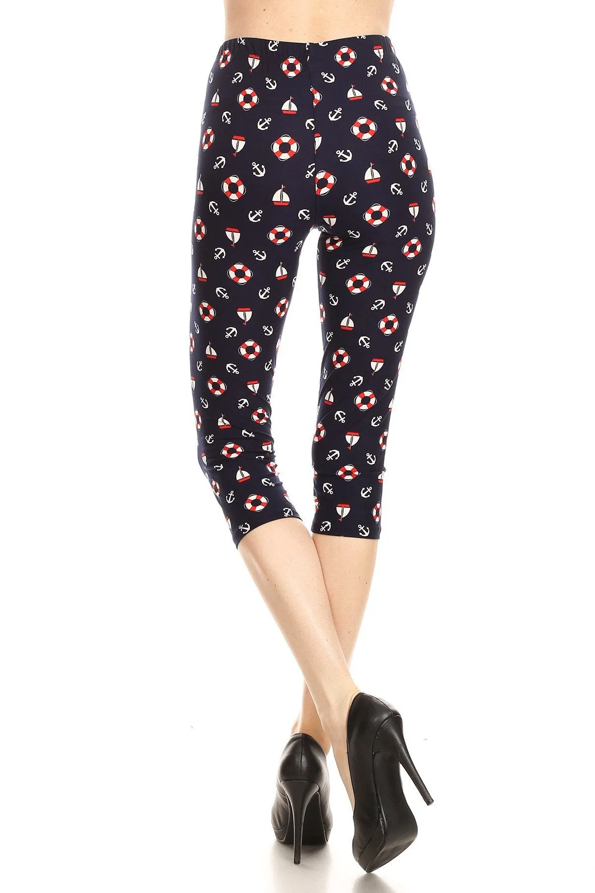 Women's Plus Life Ring Anchor Yacht Printed Cropped Capri Leggings