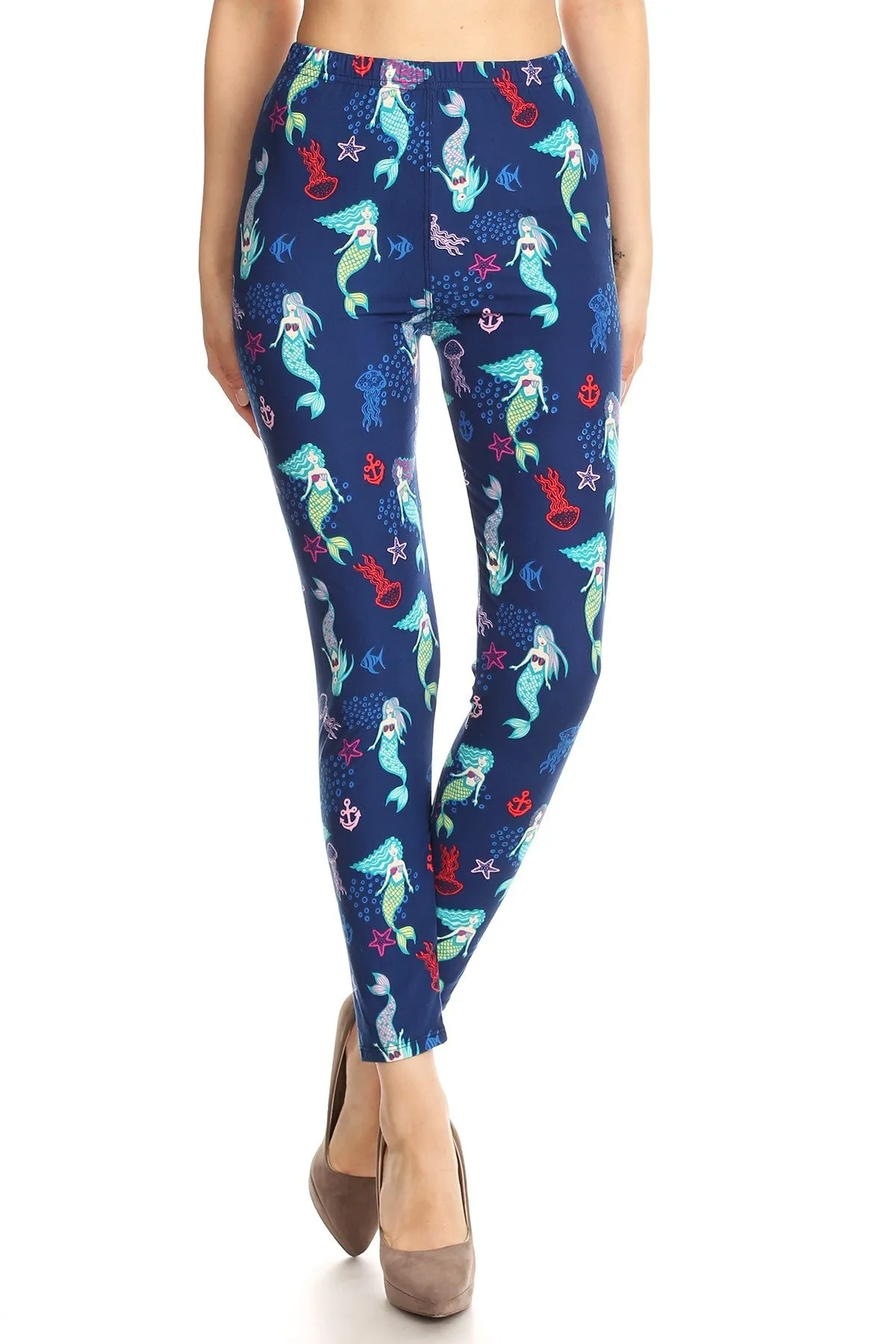 Women's PLUS Mermaids & Fish Pattern Printed Leggings -Blue Red