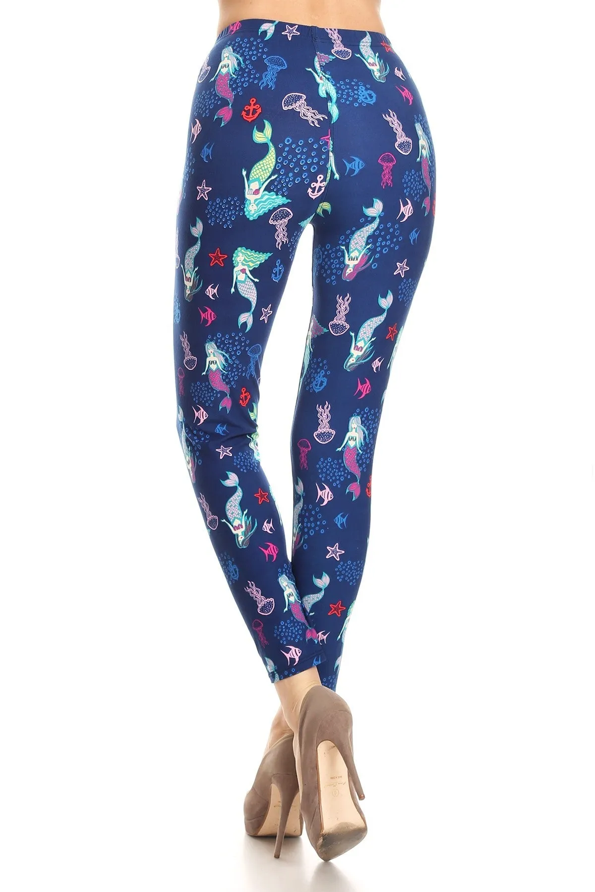 Women's PLUS Mermaids & Fish Pattern Printed Leggings -Blue Red