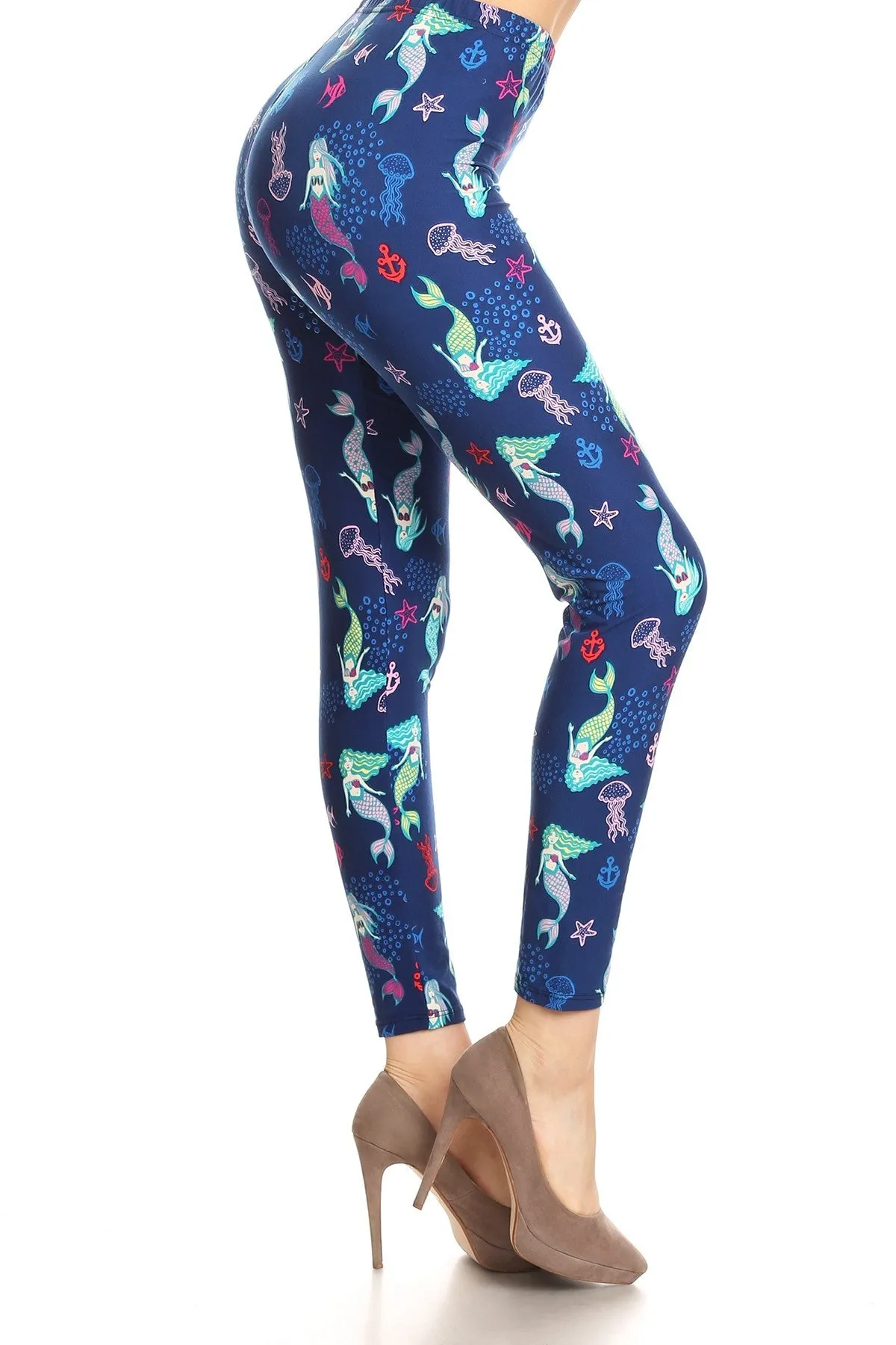 Women's PLUS Mermaids & Fish Pattern Printed Leggings -Blue Red