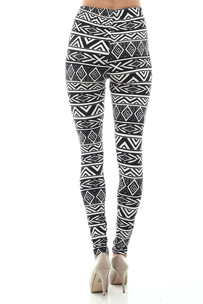 Women's Regular American Indian Navajo Pattern Print Leggings - White Black