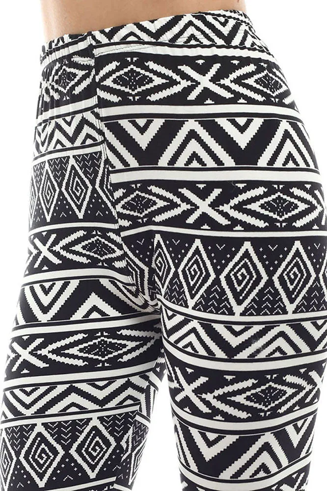 Women's Regular American Indian Navajo Pattern Print Leggings - White Black