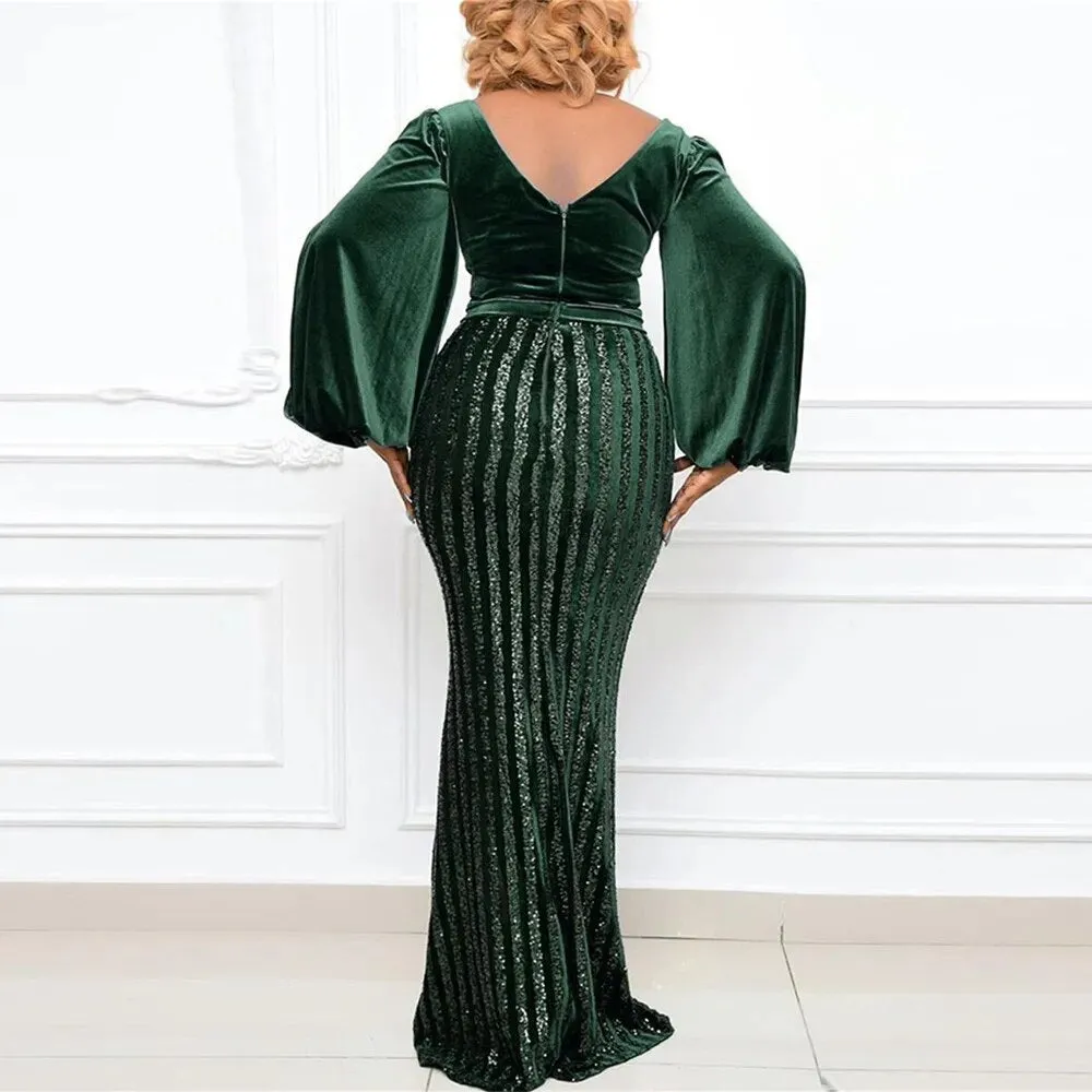 Women's Sequin Long Lantern Sleeve Backless Hollow Out Split Maxi Dress