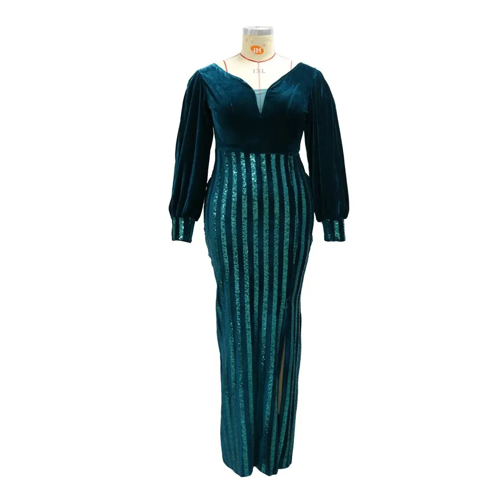 Women's Sequin Long Lantern Sleeve Backless Hollow Out Split Maxi Dress