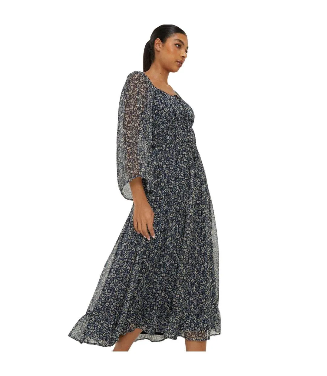 Womens/ladies ditsy print chiffon square neck midi dress black Dorothy Perkins