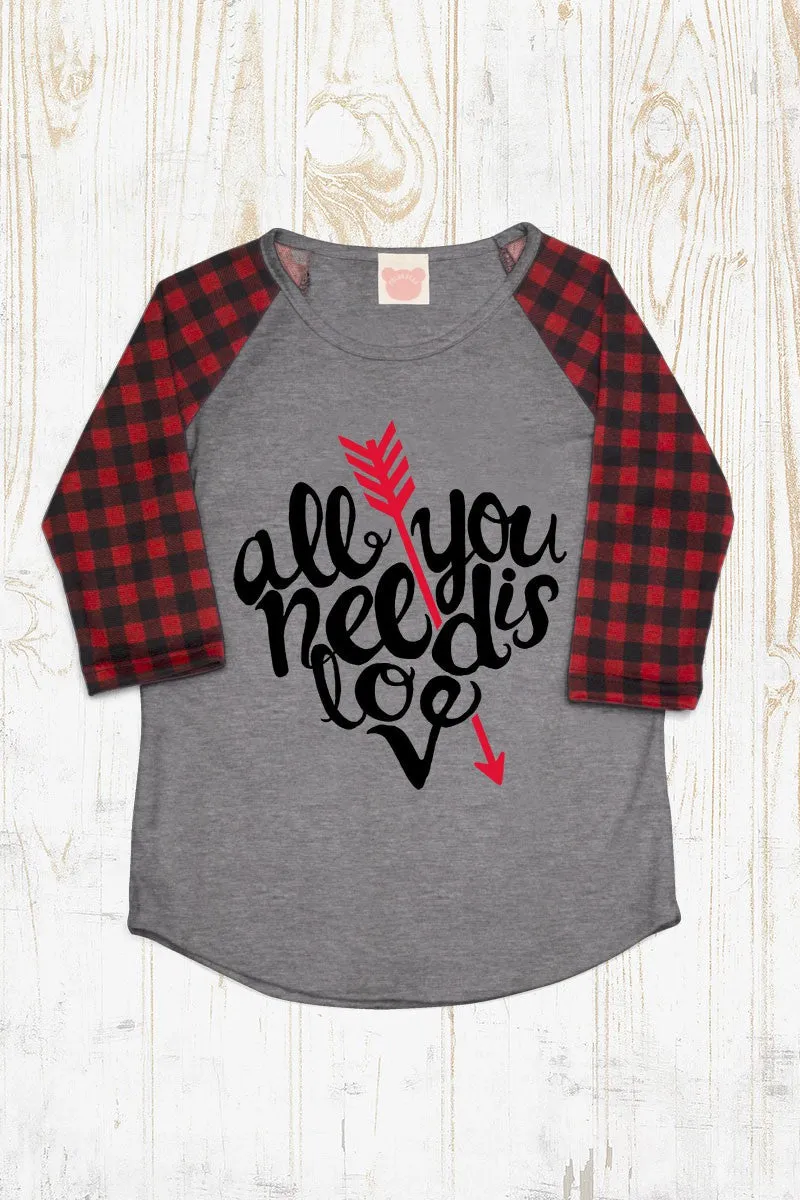 Youth All You Need is Love Valentines Day Buffalo Plaid Sleeve Raglan Long Sleeve Shirt